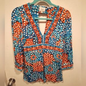 Eci New York Multicolor Mosaic Floral Babydoll V-Neck Tunic Top Sz M Y2K Boho